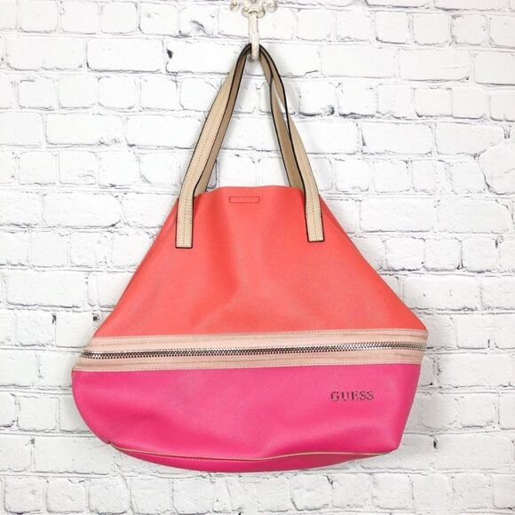 Guess Colorblock Pink Orange Faux Leather Zipper Tote Bag - Picture 2 of 9